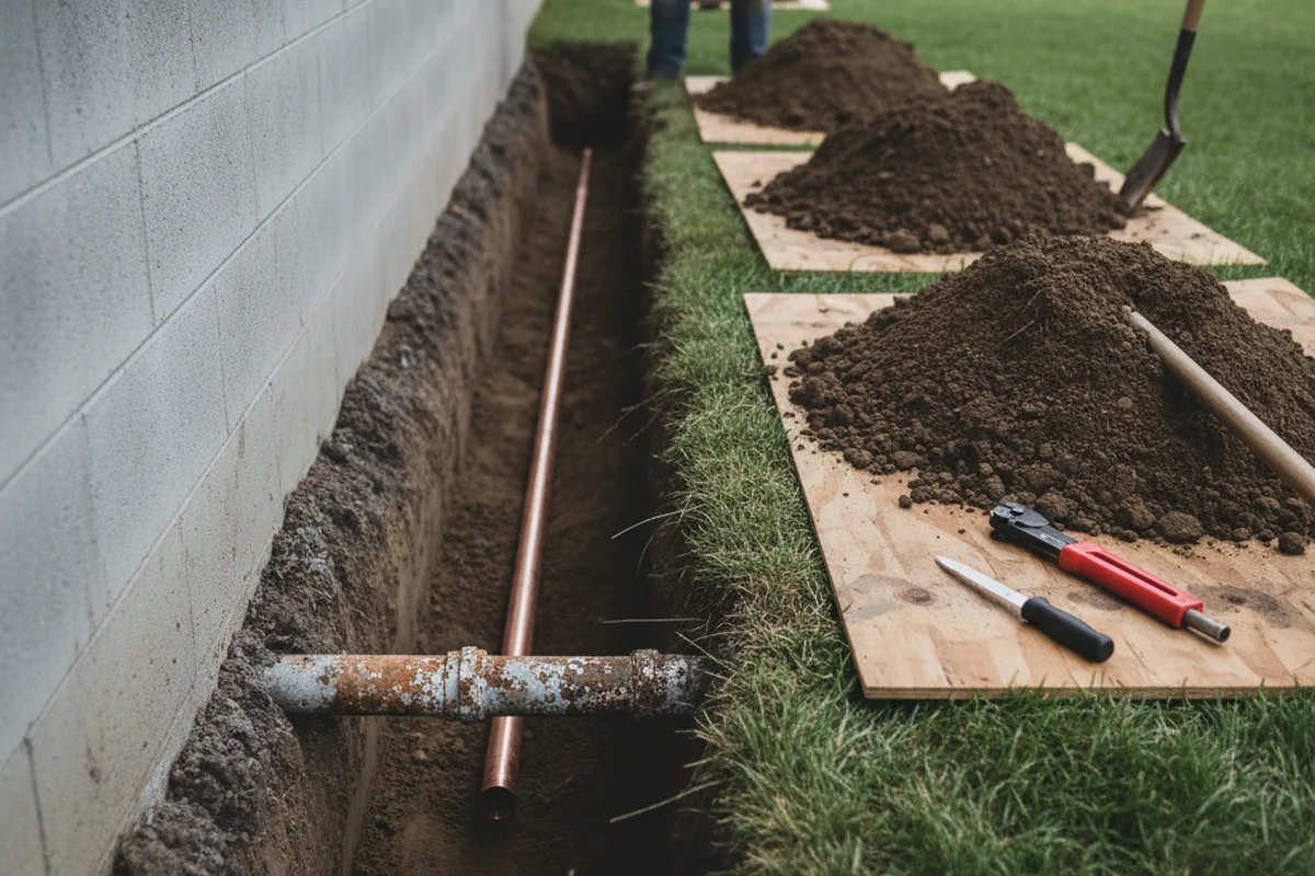 Excavated water line trench during Water Softener Installation in Walden
